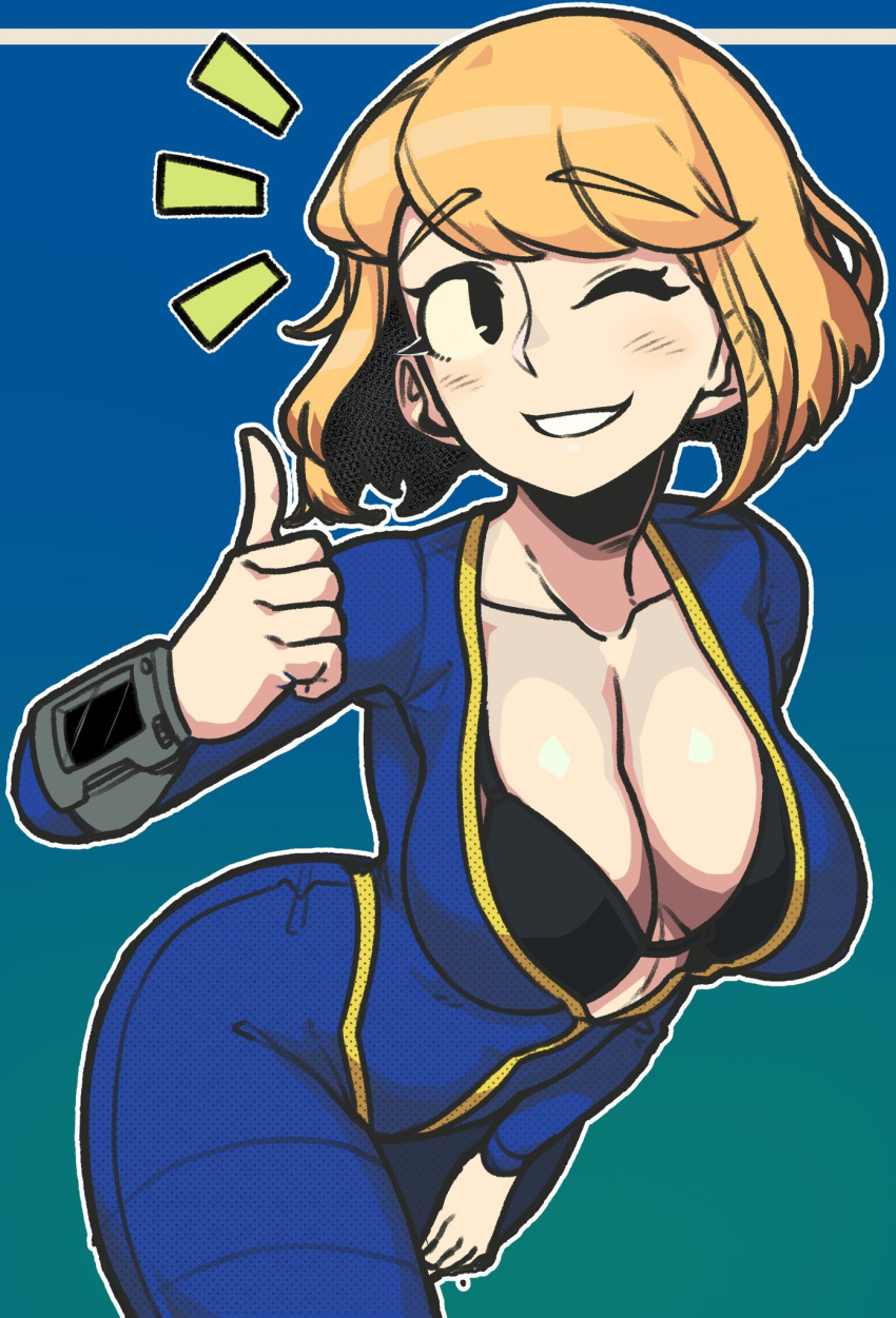 1girl ;d black_bra black_eyes blonde_hair blush bra breasts cleavage fallout_(series) genderswap genderswap_(mtf) highres large_breasts masgamjya one_eye_closed open_clothes open_mouth smile thumbs_up underwear vault_boy vault_suit