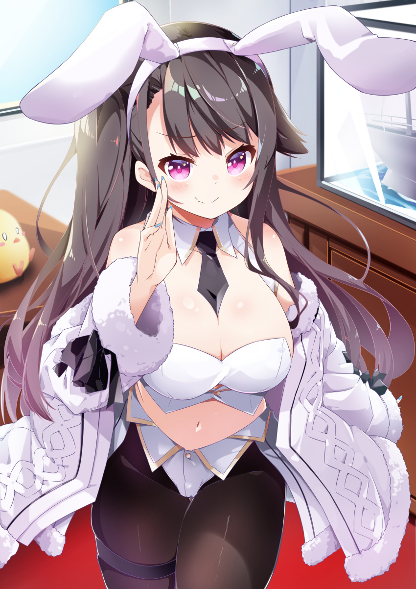 1girl absurdres adapted_costume animal_ears azur_lane bandeau bangs bare_shoulders black_hair blue_nails blush breasts carpet chest_of_drawers cleavage closed_mouth collar commentary_request desk detached_collar eyebrows eyebrows_visible_through_hair fake_animal_ears fang fur-trimmed_jacket fur-trimmed_sleeves fur_trim hand_on_own_cheek hand_on_own_face head_tilt highres indoors jacket large_breasts leer.meer long_hair long_sleeves looking_at_viewer manjuu_(azur_lane) model_ship nail_polish navel necktie off_shoulder on_desk pamiat_merkuria_(azur_lane) pantyhose pink_eyes playboy_bunny red_carpet sidelocks sitting sitting_on_desk skin_fang skindentation smile solo standing thigh_strap very_long_hair white_bandeau white_jacket window