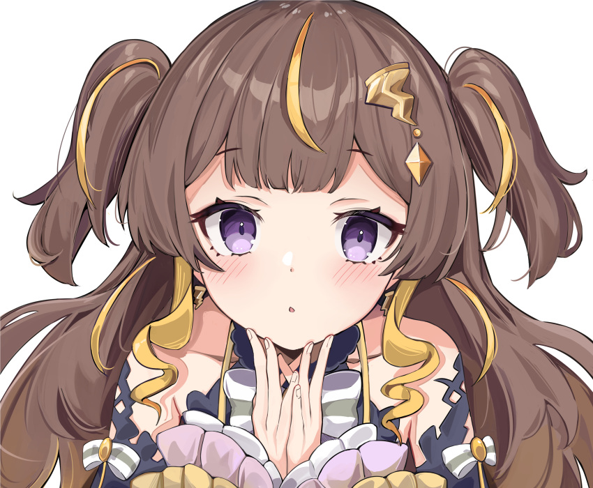 1girl :o absurdres anbasa_(amaneyuz13) anya_melfissa bangs black_sleeves blonde_hair blush brown_hair collarbone detached_sleeves eyebrows_visible_through_hair hands_on_own_chin highres hololive hololive_indonesia long_hair multicolored_hair open_mouth purple_eyes solo streaked_hair two_side_up upper_teeth virtual_youtuber