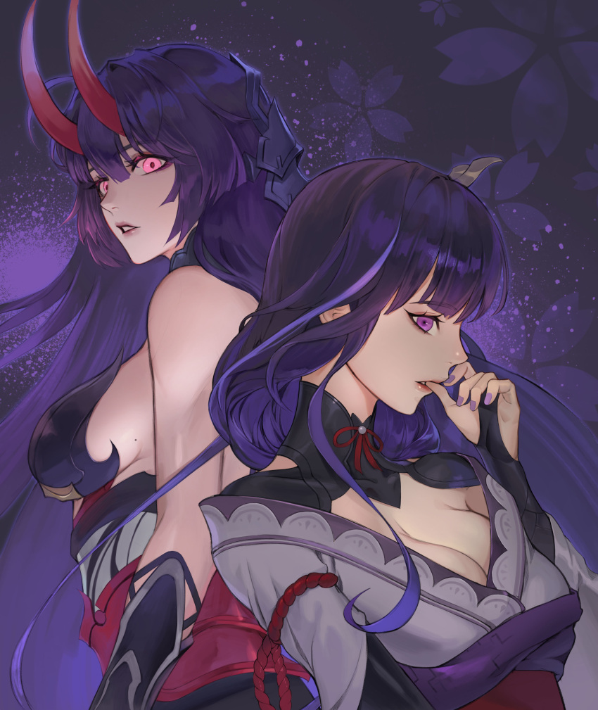2girls absurdres bangs bare_shoulders braid braided_ponytail breasts bridal_gauntlets cleavage company_connection eyebrows_visible_through_hair finger_in_mouth from_behind genshin_impact gloves greyscale hair_ornament highres honkai_(series) honkai_impact_3rd horns japanese_clothes kimono kirr_rr large_breasts long_hair looking_at_viewer looking_back mihoyo_technology_(shanghai)_co._ltd. mole mole_under_eye monochrome multiple_girls namesake oni_horns open_mouth perspective pink_eyes purple_eyes purple_hair raiden_(genshin_impact) raiden_mei raiden_mei_(herrscher_of_thunder) sawashiro_miyuki simple_background voice_actor_connection