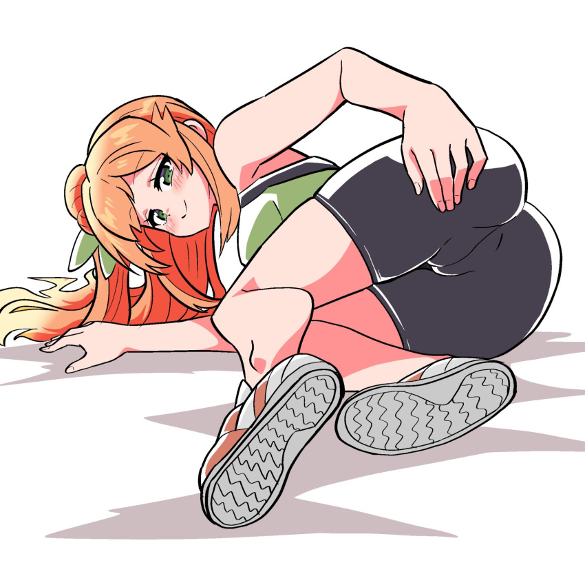 1girl blush breath clothes_pull eyebrows_visible_through_hair hair_bun hair_ornament highres hinatsuki_mikan hiroshix31 long_hair looking_back lying machikado_mazoku on_side open_mouth orange_hair pants ribbon simple_background solo sweat tank_top underwear white_background