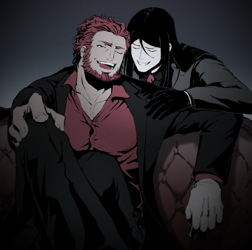 2boys alternate_costume black_pants black_suit couch fate/grand_order fate_(series) formal gloves highres iskandar_(fate) jacket large_pectorals lord_el-melloi_ii male_cleavage male_focus mature_male multiple_boys muscular muscular_male on_couch one_eye_closed open_clothes open_jacket pants partially_unbuttoned pectorals red_shirt shababuru shirt short_hair smile suit waver_velvet