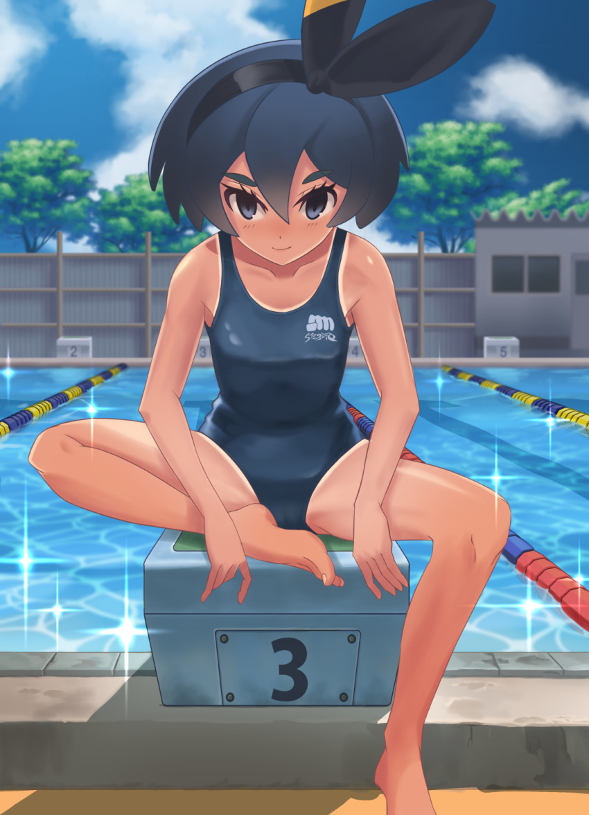 1girl alternate_costume alternate_hair_color bangs bare_arms bare_legs barefoot bea_(pokemon) black_hairband bow_hairband closed_mouth cloud collarbone commentary_request day eyelashes grey_eyes grey_swimsuit hair_between_eyes hairband highres knees lane_line legs looking_at_viewer niwa_tuki number one-piece_swimsuit outdoors pokemon pokemon_(game) pokemon_swsh pool shiny shiny_skin short_hair sitting sky smile solo sparkle spread_legs swimsuit toes water