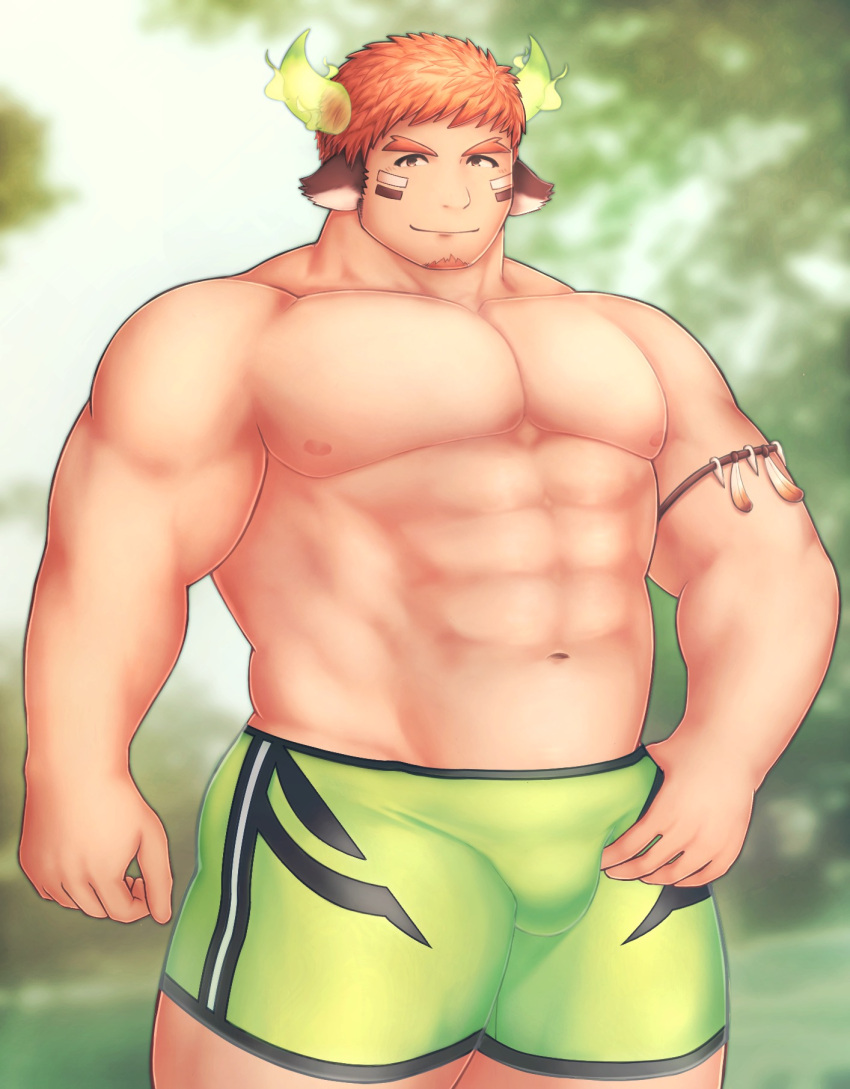 1boy abs animal_ears bara brown_eyes brown_hair bulge cow_boy cow_ears cow_horns dark-skinned_male dark_skin facial_hair feet_out_of_frame fiery_horns forked_eyebrows glowing_horns goatee green_shorts hand_on_hip highres horns large_pectorals male_focus mono_(3436234) muscular muscular_male navel nipples pectorals short_hair shorts solo spiked_hair stomach thick_eyebrows thick_thighs thighs tokyo_houkago_summoners wakan_tanka