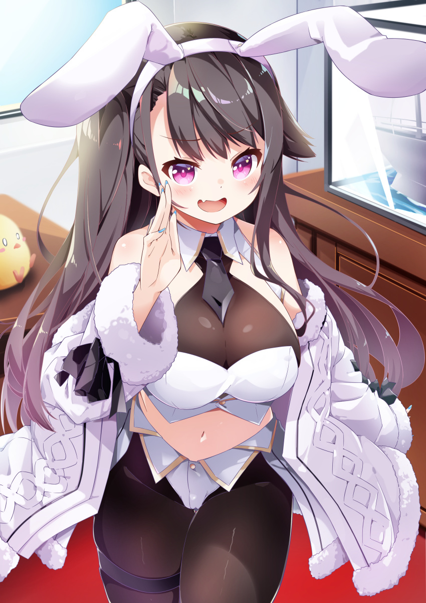 1girl absurdres adapted_costume animal_ears azur_lane bandeau bangs bare_shoulders black_hair blue_nails blush breasts carpet chest_of_drawers cleavage collar commentary_request desk detached_collar eyebrows eyebrows_visible_through_hair fake_animal_ears fang fur-trimmed_jacket fur-trimmed_sleeves fur_trim hand_on_own_cheek hand_on_own_face head_tilt highres indoors jacket large_breasts leer.meer leotard long_hair long_sleeves looking_at_viewer manjuu_(azur_lane) model_ship nail_polish navel necktie off_shoulder on_desk open_mouth pamiat_merkuria_(azur_lane) pantyhose pink_eyes playboy_bunny red_carpet sidelocks sitting sitting_on_desk skin_fang skindentation smile solo standing thigh_strap very_long_hair white_bandeau white_jacket window