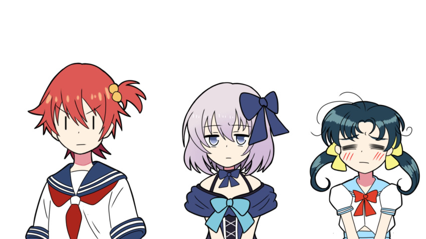 3boys black_hair bow crossdressing dress ernesti_echevalier gridman_universe hair_bobbles hair_bow hair_ornament hibiki_yuuta highres knight's_&amp;_magic kudan_(kudan4429) messy_hair multiple_boys otoko_no_ko red_hair sailor_collar school_uniform silver_hair ssss.gridman super_robot_wars super_robot_wars_30 tomonaga_yuuta trait_connection twintails white_background yuusha_keisatsu_j-decker yuusha_series |_|