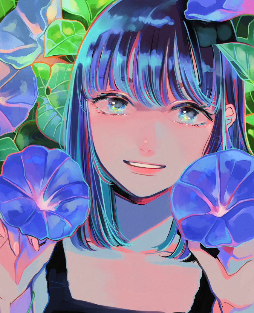 1girl absurdres black_hair blue_eyes blue_flower flower hands_up highres leaf long_hair looking_at_viewer morning_glory original parted_lips plant portrait richard_(ri39p) shadow smile solo