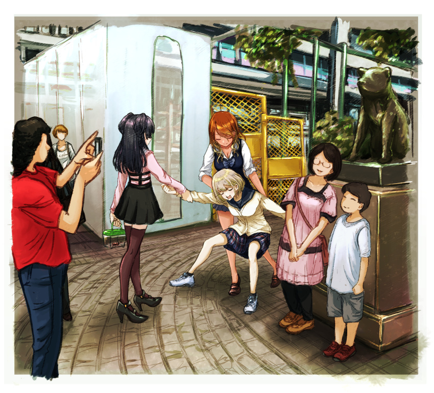 1boy 6+girls absurdres bag beetle black_hair blonde_hair bow bowtie breasts brown_hair bug cardigan cleavage dragging dress faceless faceless_female faceless_male glasses gradient_hair hachikou_(dog) handbag highres huge_filesize humanplushq idolmaster idolmaster_shiny_colors insect izumi_mei loafers long_hair loose_bowtie mary_janes mayuzumi_fuyuko miniskirt multicolored_hair multiple_girls outdoors pants photo-referenced plaid plaid_skirt real_world_location sailor_collar serizawa_asahi shibuya_(tokyo) shibuya_station shoes short_hair shorts silver_hair skirt sleeves_rolled_up smile sneakers statue straylight_(idolmaster) suspender_skirt suspenders sweater_vest taking_picture terrarium thighhighs two_side_up