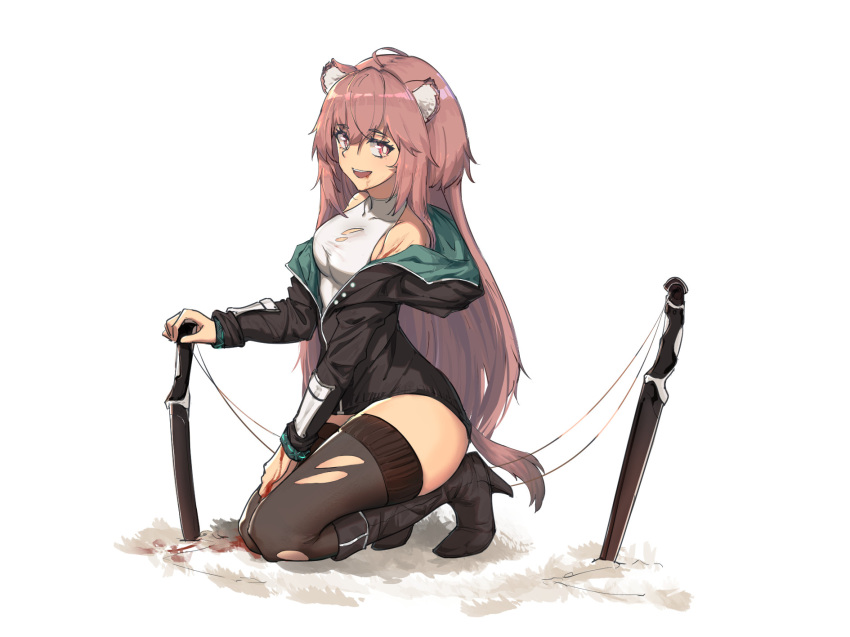 1girl animal_ears arknights bangs black_footwear black_jacket black_legwear blood blood_from_mouth blood_on_ground bloody_hands boots breasts commentary_request covered_collarbone eyebrows_visible_through_hair full_body gravel_(arknights) hair_between_eyes high_heel_boots high_heels highres infection_monitor_(arknights) injury jacket knee_boots kneeling knife long_hair long_sleeves looking_at_viewer mouse_ears off_shoulder open_mouth pink_hair planted planted_knife red_eyes shirt simple_background sleeveless sleeveless_shirt small_breasts smile solo tail thighhighs torn_clothes torn_legwear torn_shirt upper_teeth vchan white_background white_shirt