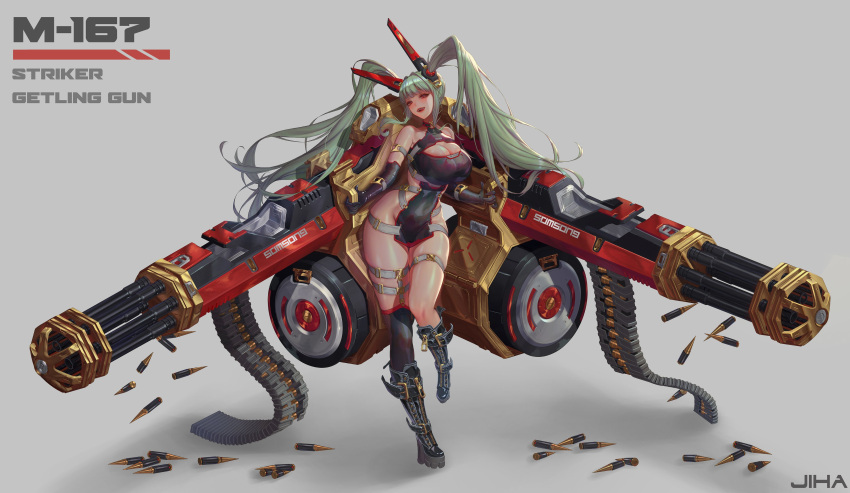 1girl absurdres boots breasts bullet center_opening cleavage elbow_gloves full_body gatling_gun gloves green_hair grey_background headgear highres huge_weapon jiha large_breasts leather leather_boots long_hair original red_eyes strap twintails underbust weapon