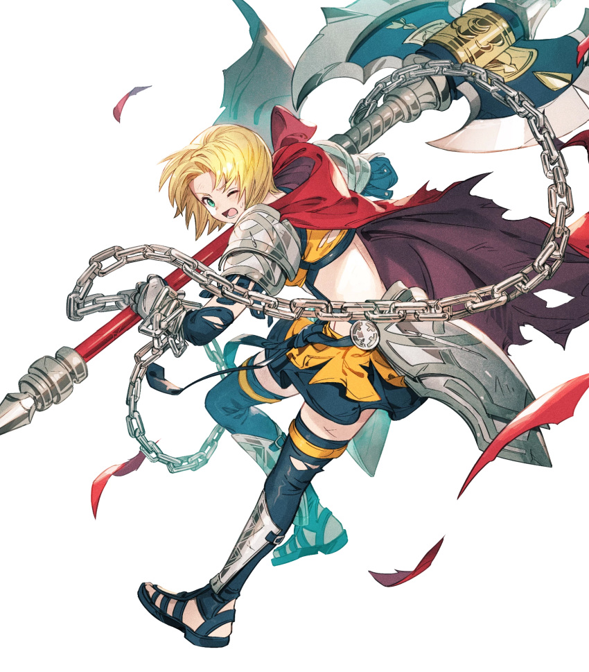 1girl amelia_(fire_emblem) armor axe bangs battle_axe black_legwear blonde_hair cape chain fire_emblem fire_emblem:_the_sacred_stones fire_emblem_heroes full_body gauntlets green_eyes highres huge_weapon official_art one_eye_closed open_mouth red_cape shiny shiny_hair short_hair shoulder_armor skirt solo taroji thighhighs toeless_footwear torn_cape torn_clothes torn_legwear transparent_background weapon zettai_ryouiki