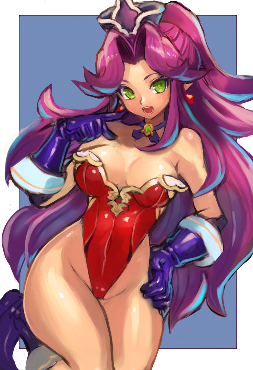 1girl absurdres angela_(seiken_densetsu_3) bare_shoulders breasts cleavage dakusuta gloves green_eyes hand_on_hip hat highres leotard long_hair looking_at_viewer open_mouth pointy_ears purple_hair red_leotard seiken_densetsu seiken_densetsu_3 solo thighs very_long_hair