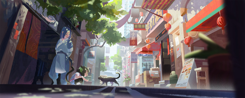 2boys animal_ears black_cat blue_hair building cat cat_boy cat_ears cat_tail child dappled_sunlight day felicia_chen highres long_hair luoxiaohei multiple_boys outdoors squatting standing sunlight tail the_legend_of_luo_xiaohei tree very_long_hair wide_shot wuxian_(the_legend_of_luoxiaohei)