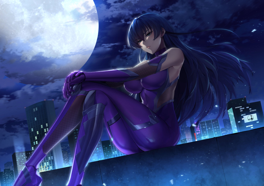 1girl absurdres blue_hair bodysuit building city city_lights cityscape crossed_legs fishnets full_moon green_eyes highres igawa_asagi ihavetwoooo impossible_bodysuit impossible_clothes long_hair moon night night_sky ninja outdoors purple_bodysuit skin_tight sky skyscraper solo taimanin_(series) taimanin_asagi taimanin_suit