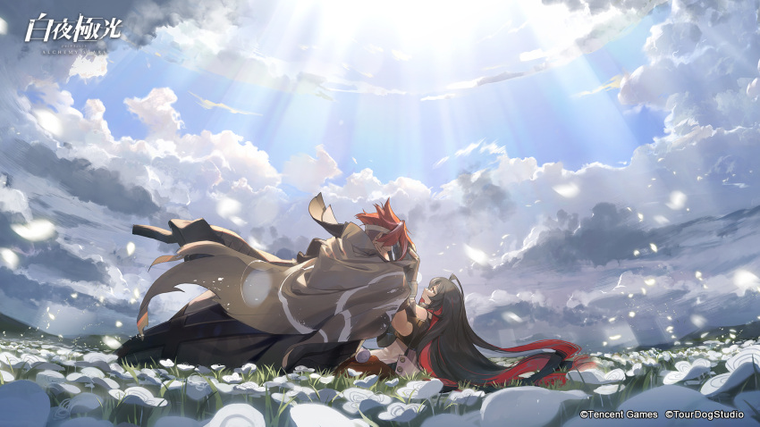 1boy 1girl ahoge alchemy_stars bangs black_hair cape cloud cloudy_sky commentary_request company_name copyright_name covered_eyes eve_(alchemy_stars) field flower flower_field hand_on_another's_face headband highres light_rays long_hair looking_at_another mechanical_arms multicolored_hair official_art petals red_hair screw single_mechanical_arm sinsa_(alchemy_stars) sky sunbeam sunlight swept_bangs