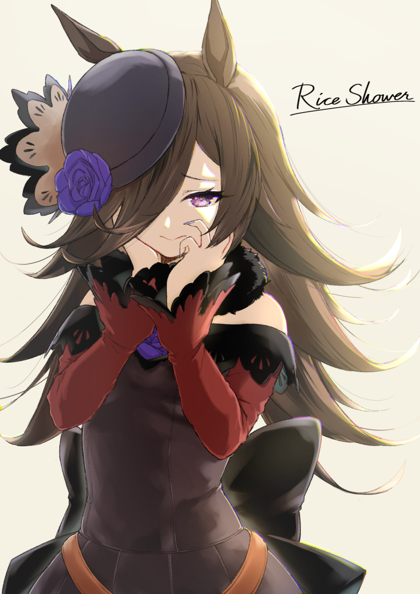 1girl animal_ears bare_shoulders black_bow bow brown_dress brown_hair character_name commentary_request dress flower god_razor hair_over_one_eye hands_on_own_cheeks hands_on_own_face hat hat_flower highres long_hair long_sleeves off-shoulder_dress off_shoulder pink_eyes purple_nails rice_shower_(umamusume) solo umamusume white_background wide_sleeves