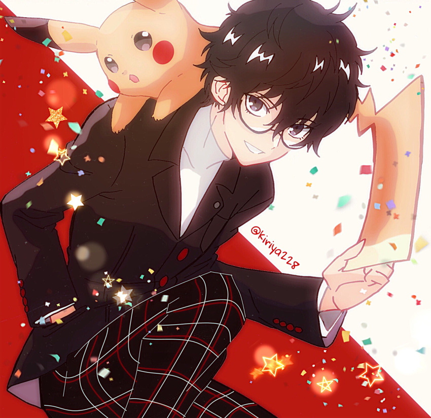 1boy amamiya_ren black_hair brown_hair gen_1_pokemon glasses gloves highres jacket kiriya_(552260) looking_at_viewer male_focus open_mouth persona persona_5 pikachu pokemon pokemon_(creature) school_uniform short_hair shuujin_academy_uniform simple_background smile solo super_smash_bros.