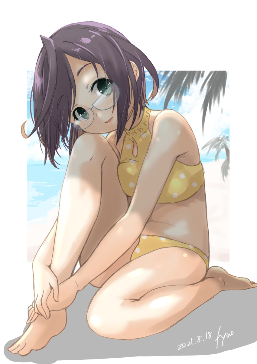 1girl absurdres barefoot bikini black_hair blue-framed_eyewear border dappled_sunlight full_body fyuo glasses green_eyes hands_on_feet head_on_knee head_tilt highres kantai_collection multicolored_hair okinami_(kancolle) pink_hair polka_dot polka_dot_bikini remodel_(kantai_collection) short_hair sitting solo sunlight swimsuit yellow_bikini