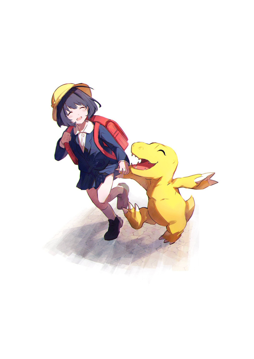 1girl agumon backpack bag crossover digimon digimon_(creature) digimon_adventure hamachamu hat highres idolmaster idolmaster_cinderella_girls running school_bag school_hat school_uniform simple_background white_background younger yumemi_riamu