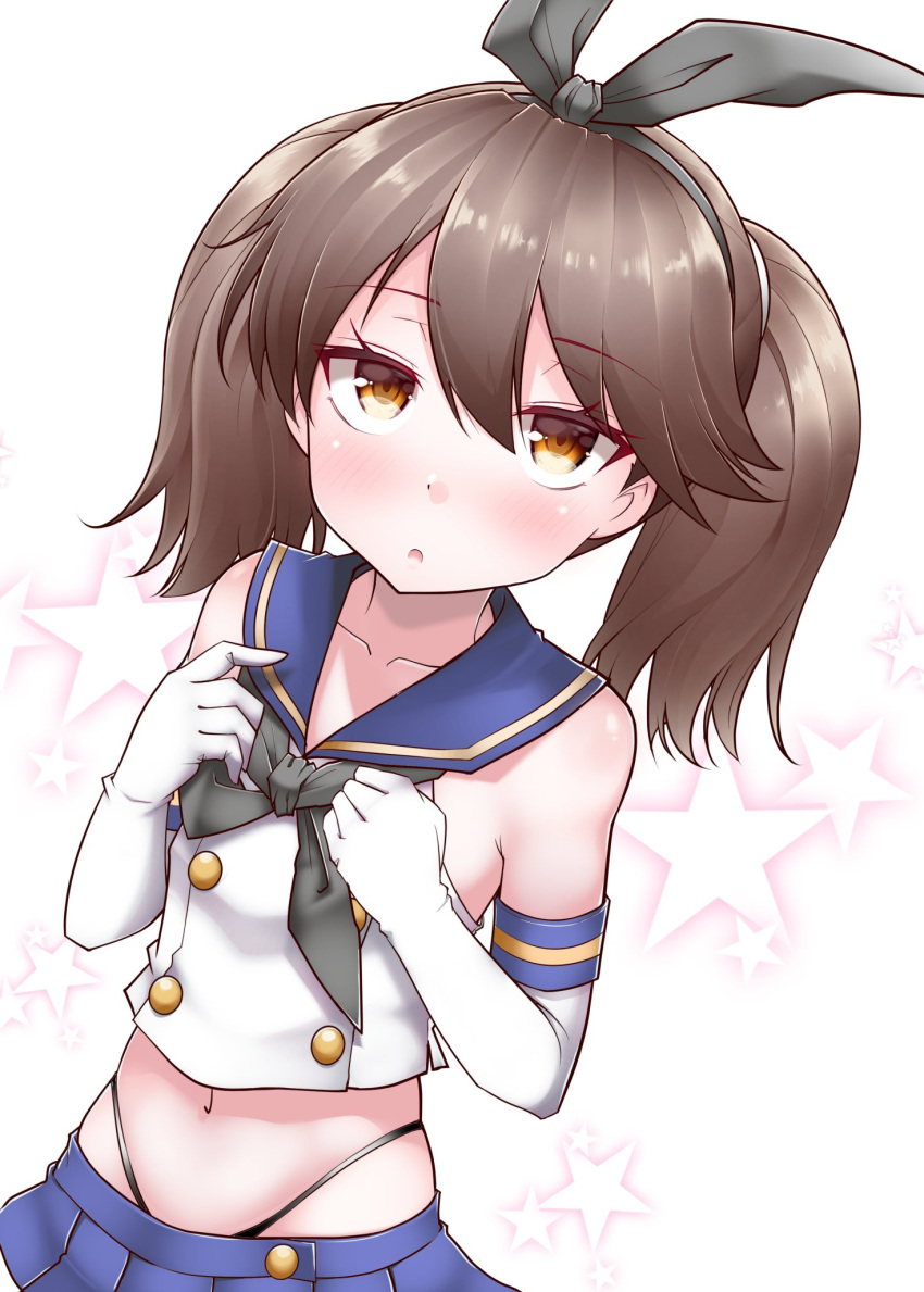 1girl :o brown_eyes brown_hair collarbone cosplay elbow_gloves gloves hairband highleg highleg_panties highres kantai_collection kirigakure_(kirigakure_tantei_jimusho) microskirt navel open_mouth panties ryuujou_(kancolle) sailor_collar shimakaze_(kancolle) shimakaze_(kancolle)_(cosplay) skirt solo star_(symbol) starry_background twintails underwear upper_body white_gloves