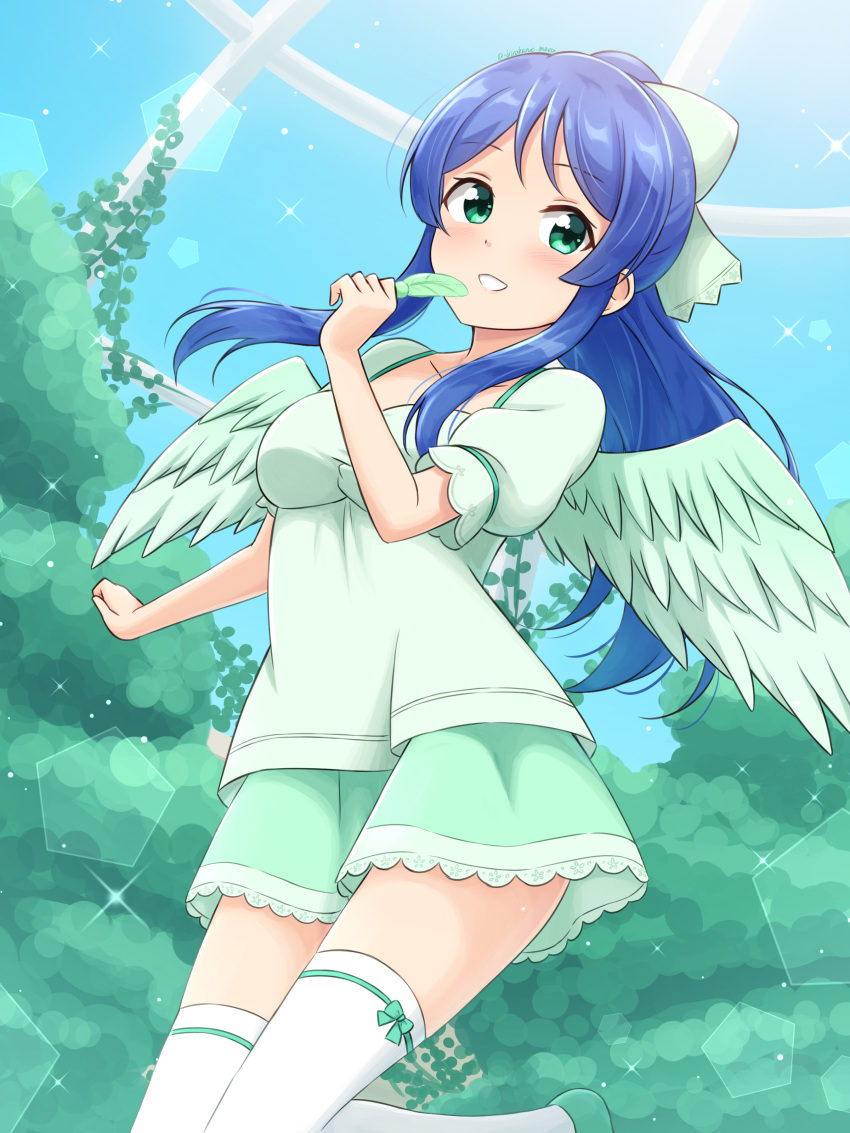 1girl :d absurdres blue_hair breasts commentary_request eyebrows_visible_through_hair feathered_wings feathers green_skirt hair_ribbon highres holding holding_feather lens_flare long_hair looking_at_viewer medium_breasts open_mouth original puffy_short_sleeves puffy_sleeves ribbon shiraha_maru shirt short_sleeves sidelocks skirt smile solo sparkle thighhighs white_legwear white_shirt wings