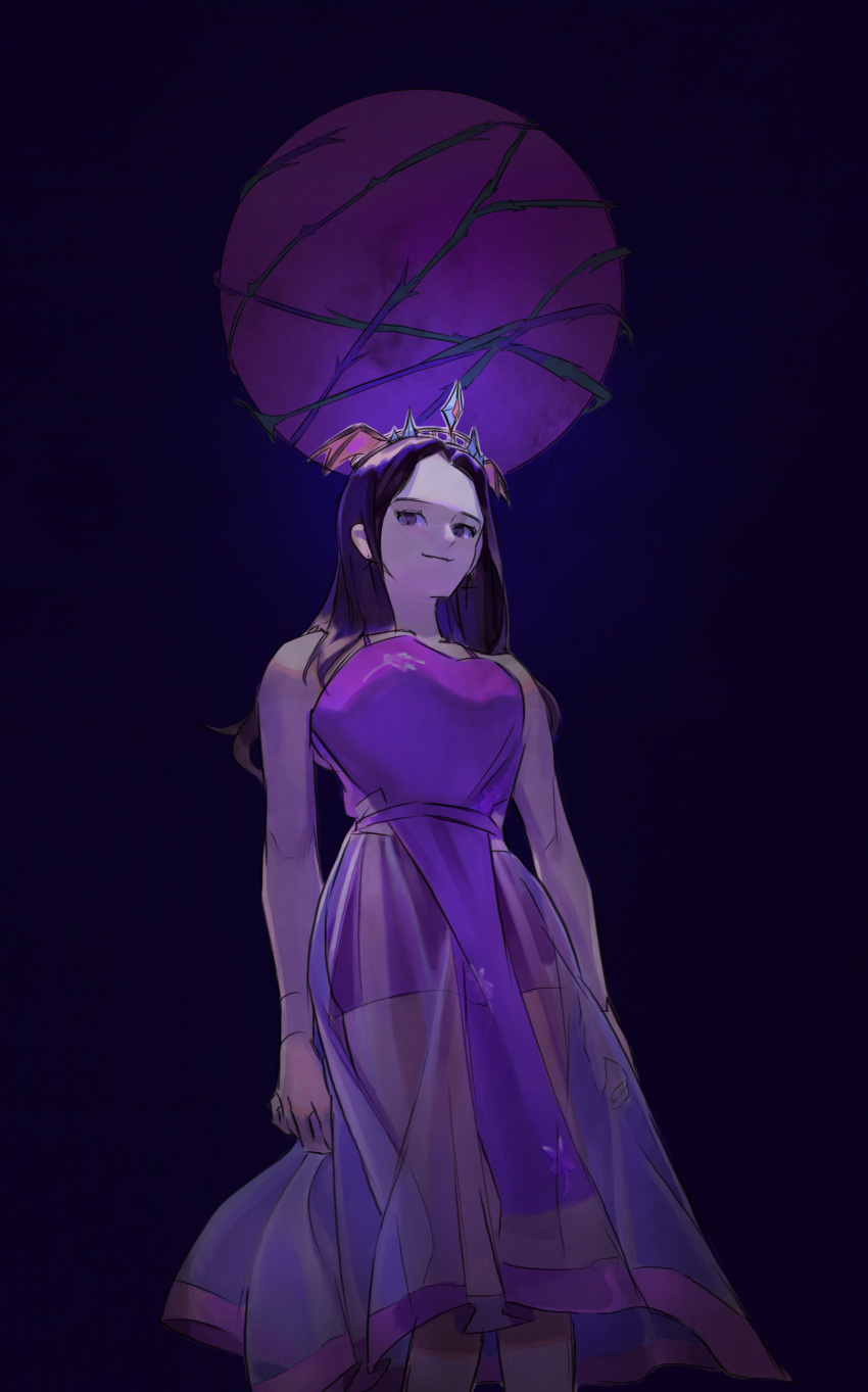 1girl absurdres black_hair choerry commentary_request dress from_below gozzi hair_behind_ear head_wings highres k-pop korean_commentary looking_to_the_side loona_(group) moon plant purple_background purple_dress purple_eyes real_life sketch smile solo tiara vines