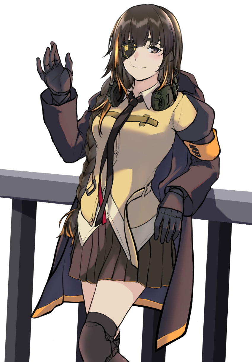 1girl 3_small_spiders absurdres armband bangs blonde_hair braid brown_eyes brown_hair collared_shirt commentary_request cowboy_shot ear_protection eyepatch girls'_frontline gloves hair_over_shoulder highres hood hood_down hooded_jacket jacket knee_pads leaning_on_rail light_blush long_hair looking_at_viewer m16a1_(girls'_frontline) mole mole_under_eye multicolored_hair necktie pleated_skirt railing scar scar_across_eye shirt skirt smile solo streaked_hair thighhighs waving white_background