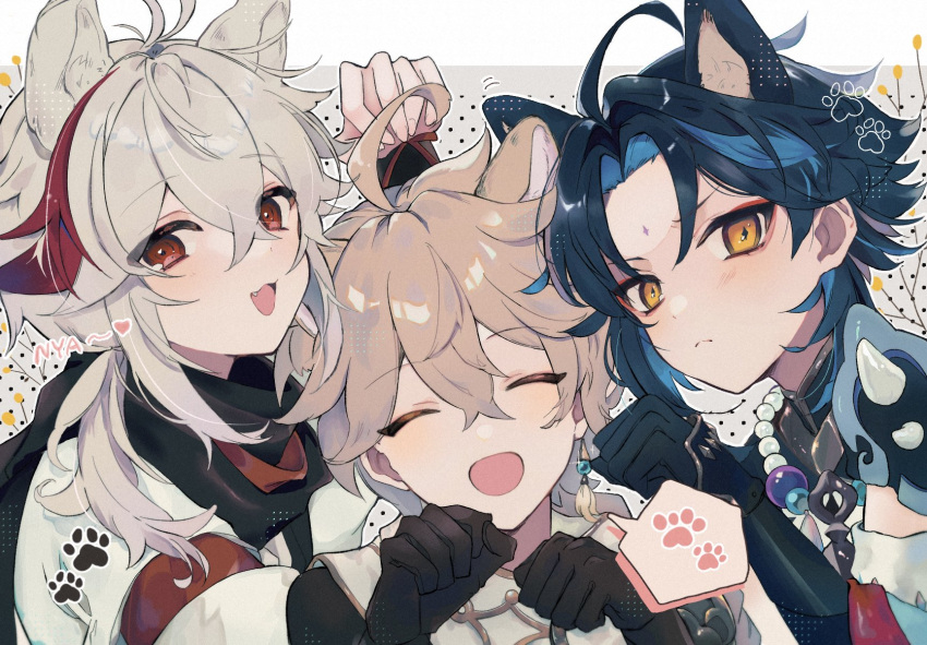 3boys ^_^ aether_(genshin_impact) ahoge animal_ears bangs bead_necklace beads black_gloves black_scarf blonde_hair blue_hair cat_boy cat_ears closed_eyes earrings eyebrows_visible_through_hair facial_mark fang forehead_mark frown genshin_impact gloves hair_between_eyes hand_up hands_up highres jewelry kaedehara_kazuha long_hair male_focus multicolored_hair multiple_boys necklace open_mouth paw_pose ponytail red_eyes red_hair riiichi5 scarf single_earring smile streaked_hair two-tone_hair upper_body v-shaped_eyebrows white_hair xiao_(genshin_impact) yellow_eyes