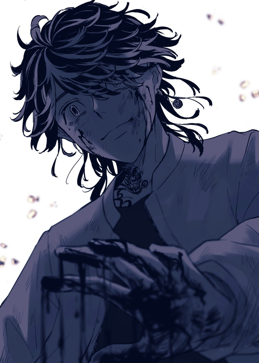 1boy bangs blood blood_on_face bloody_hands closed_mouth earrings greyscale hanemiya_kazutora highres jacket jewelry long_hair long_sleeves looking_at_viewer male_focus monochrome neck_tattoo sekine_(heart) shirt simple_background single_earring smile solo tattoo tokyo_revengers upper_body
