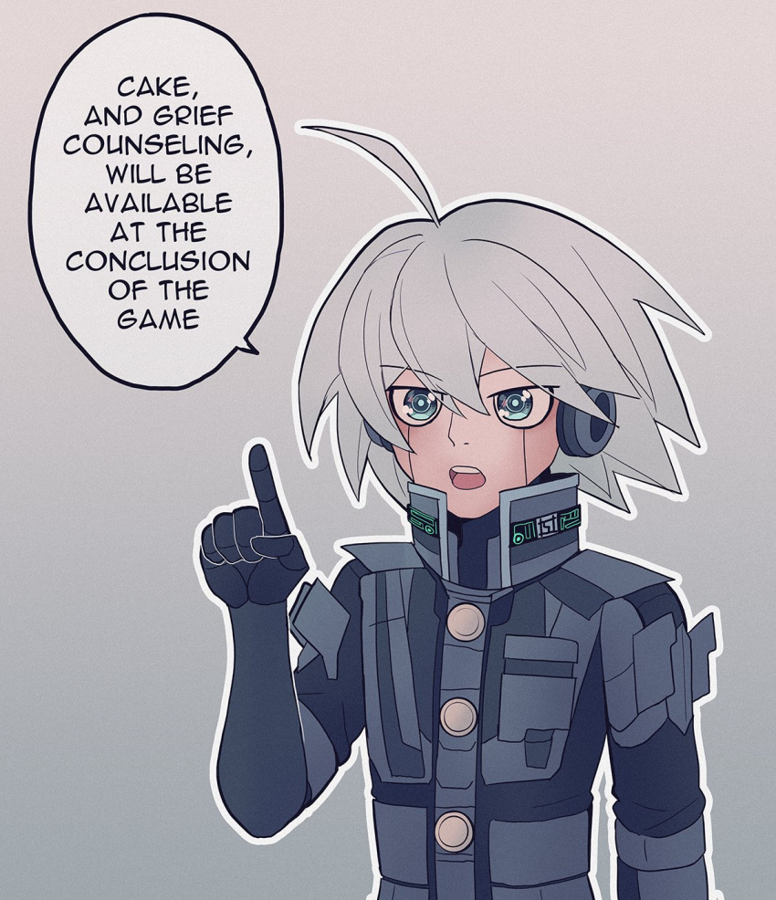 1boy ahoge android bangs black_gloves cheer_(cheerkitty14) danganronpa_(series) danganronpa_v3:_killing_harmony english_commentary english_text glados gloves grey_background grey_eyes grey_hair hair_between_eyes hand_up headphones highres index_finger_raised keebo looking_at_viewer male_focus open_mouth outline portal_(series) short_hair solo speech_bubble upper_body white_outline