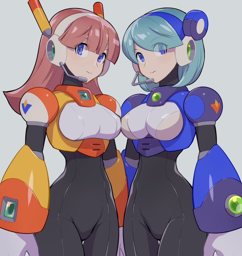 2girls absurdres android arm_cannon armor arms_at_sides bangs black_bodysuit blue_eyes blue_hair blunt_bangs bodysuit breasts closed_mouth commentary_request eyebrows_visible_through_hair eyes_visible_through_hair framed_breasts gloves grey_background headgear headset highres hoshi_mikan large_breasts long_hair looking_at_viewer mega_man_(series) mega_man_x_(series) microphone multiple_girls navigator_(mega_man) pink_hair robot_ears short_hair side-by-side simple_background standing weapon white_gloves