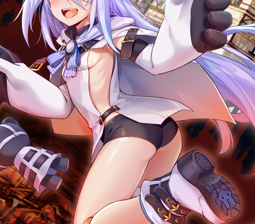 1girl :d armpit_peek ass black_choker black_shorts boots breasts cape choker elbow_gloves gloves head_out_of_frame highres linmiu_(smilemiku) little_witch_nobeta monica_(little_witch_nobeta) no_bra open_mouth paw_gloves paws revealing_clothes sharp_teeth shirt short_shorts shorts sideboob sideless_outfit small_breasts smile solo teeth thighs twisted_torso white_footwear white_shirt