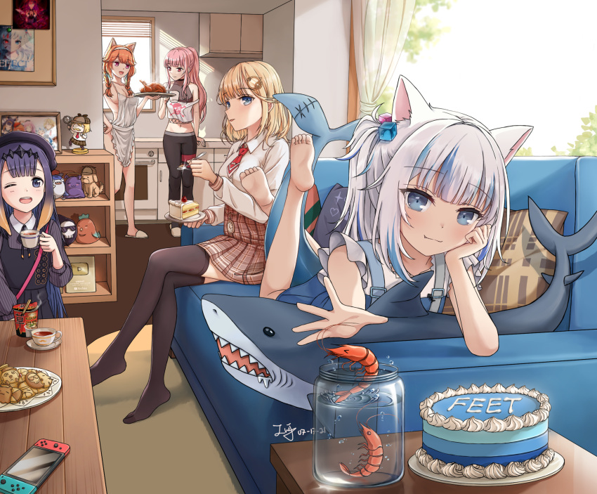 5girls absurdres animal_ears apron blonde_hair bloop_(gawr_gura) blue_hair bubba_(watson_amelia) cake chopsticks closed_mouth commentary cookie couch cup cup_ramen curtains death-sensei_(mori_calliope) feet feet_up fish_tail food gawr_gura hair_ornament headpiece highres holding holding_cup holding_spoon hololive hololive_english huge_filesize instant_ramen kitchen midriff monocle_hair_ornament mori_calliope multicolored_hair multiple_girls naked_apron navel ninomae_ina'nis nintendo_switch on_couch one_eye_closed orange_hair parted_lips pillow pink_hair purple_hair shadow shark shark_tail shrimp silver_hair sitting soles spoon streaked_hair tail takanashi_kiara tako_(ninomae_ina'nis) tentacle_hair thighhighs toes turkey_(food) virtual_youtuber walfie_(style) watson_amelia youtube_creator_award zeng$_(zwj)