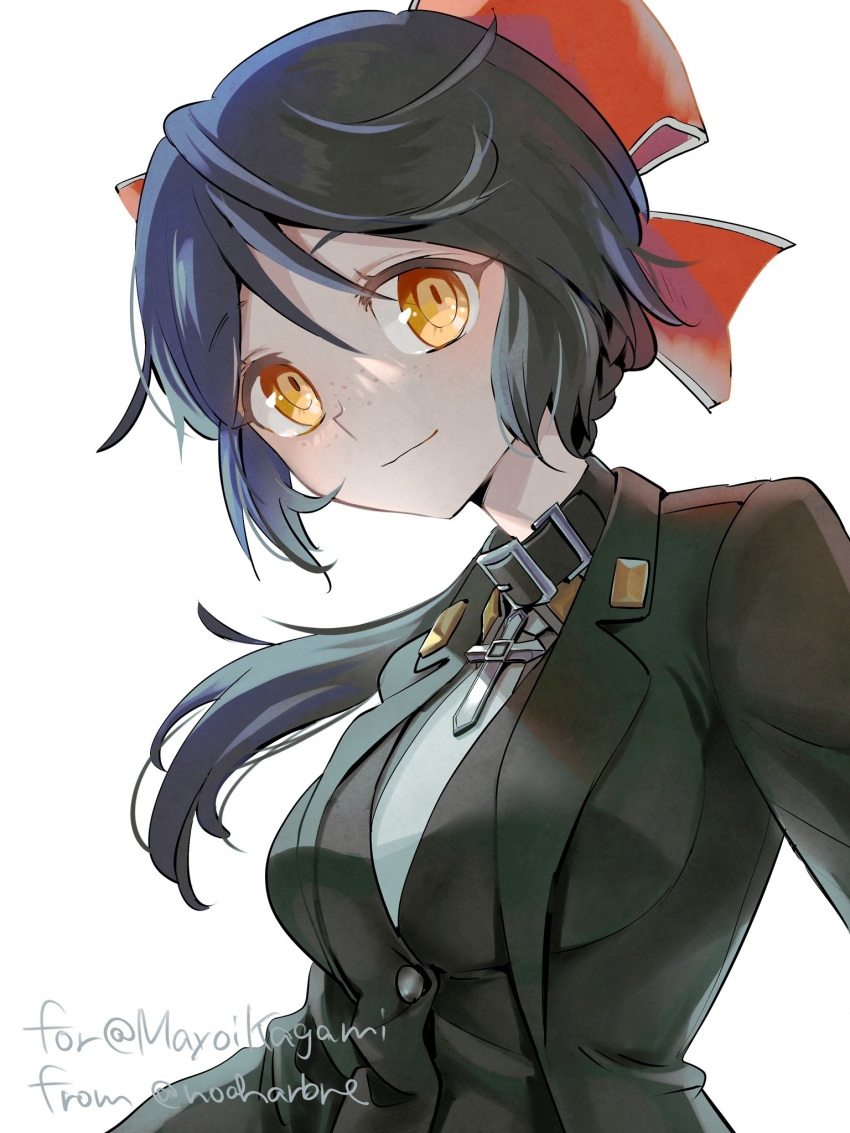 1girl artist_name black_collar black_hair black_jacket bow breasts closed_mouth collar commentary cross english_commentary freckles hair_bow highres jacket light_smile long_hair looking_at_viewer medium_breasts noaharbre original ponytail red_bow simple_background solo twitter_username white_background yellow_eyes