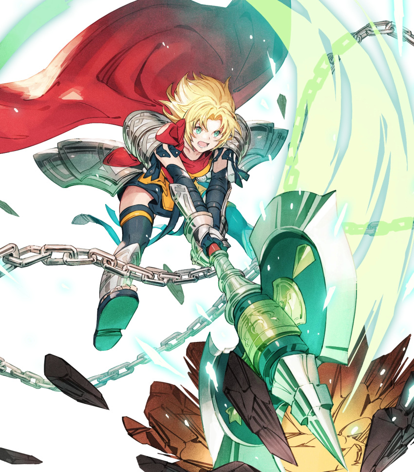 1girl amelia_(fire_emblem) armor axe bangs battle_axe black_legwear blonde_hair cape chain elbow_gloves fire_emblem fire_emblem:_the_sacred_stones fire_emblem_heroes full_body gauntlets gloves green_eyes highres holding holding_weapon huge_weapon official_art open_mouth red_cape shiny shiny_hair short_hair shoulder_armor skirt solo taroji thighhighs toeless_footwear transparent_background weapon