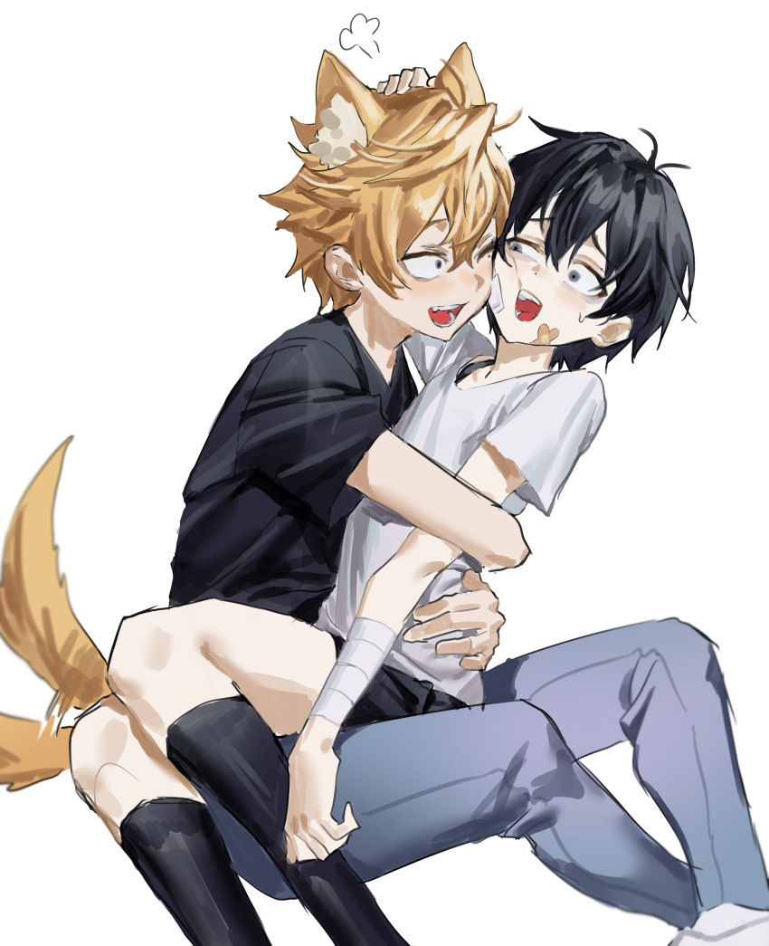 2boys absurdres animal_ear_fluff animal_ears bandage_on_face bandages bandaid bandaid_on_face black_hair blonde_hair blush cheek_press dog_boy dog_ears dog_tail extra_ears eye_contact grey_eyes hair_between_eyes hand_on_another's_head highres hug jeong_surim lee_hoon looking_at_another male_focus multiple_boys one_eye_closed open_mouth simple_background smile suicide_boy sweatdrop tail tail_wagging unye_00 white_background yaoi