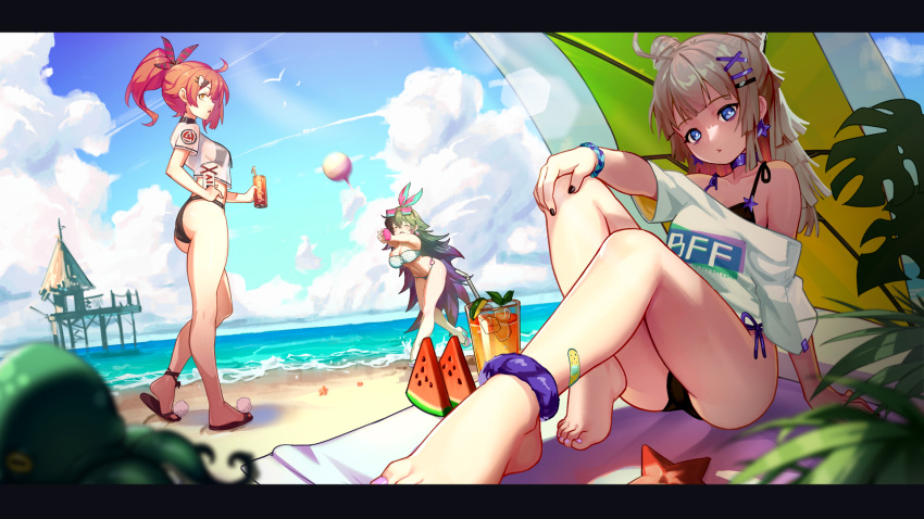 3girls aa-12_(girls'_frontline) ahoge ankle_scrunchie arm_support ball bandeau bangs bare_legs barefoot beach beach_mat beachball bikini bikini_under_clothes black_choker black_nails blue_eyes blue_sky blurry blurry_foreground breasts brown_footwear brown_hair can character_request choker cloud commentary_request crop_top day double_bun drinking_straw earrings eyewear_on_head fingerless_gloves girls'_frontline gloves gradient_hair green_bikini green_hair hair_ornament hair_ribbon hairclip hand_on_hip hand_on_own_knee hands_up highres holding holding_can jewelry large_breasts leaf long_hair looking_at_viewer lushiying medium_breasts motion_blur multicolored_hair multiple_girls nail_polish ocean octopus off_shoulder outdoors outstretched_arms parted_lips pink_footwear pink_gloves pink_nails pom_pom_(clothes) ponytail purple_choker purple_hair red_eyes ribbon sandals scrunchie see-through shirt short_sleeves side-tie_bikini single_fingerless_glove sitting sky standing standing_on_one_leg star_(symbol) star_earrings starfish strapless sunglasses swimsuit toenail_polish very_long_hair white_shirt wrist_scrunchie x_hair_ornament yellow_eyes