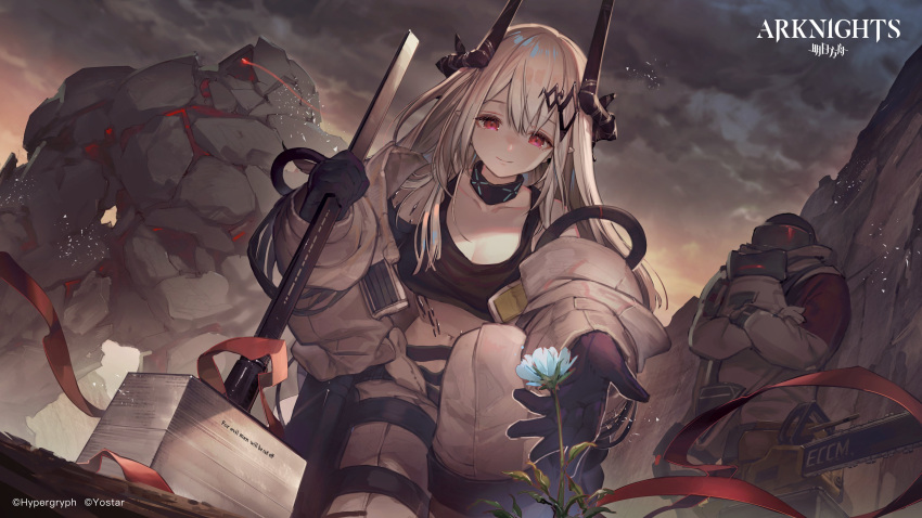 1girl 2others absurdres arknights big_bob_(arknights) black_shirt blue_flower breasts chainsaw cloud cloudy_sky coat commentary copyright_name crop_top demon_horns english_commentary english_text flower from_below golem hair_ornament hammer helmet highres holding holding_hammer horns infection_monitor_(arknights) large_breasts light_trail midriff mountain mudrock_(arknights) mudrock_colossus_(arknights) multiple_others navel official_art one_knee open_clothes open_coat oripathy_lesion_(arknights) outdoors pants red_eyes shirt sky smile umiu_geso watermark white_coat white_pants