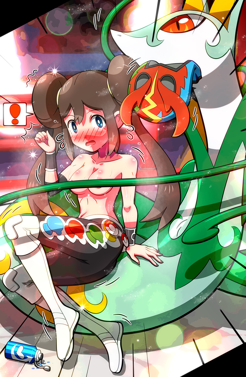 ! 1girl arm_support bangs blue_eyes blush boots bottle breasts bright_pupils brown_hair commentary_request cosplay double_bun embarrassed emphasis_lines flying_sweatdrops gen_5_pokemon highres looking_at_viewer masked_royal masked_royal_(cosplay) mouth_hold open_mouth pants pokemon pokemon_(creature) pokemon_(game) pokemon_bw2 pokemon_masters_ex rorretsim rosa_(pokemon) serperior sitting sparkle spoken_exclamation_mark tongue topless trembling twintails water_bottle white_footwear white_pupils wristband