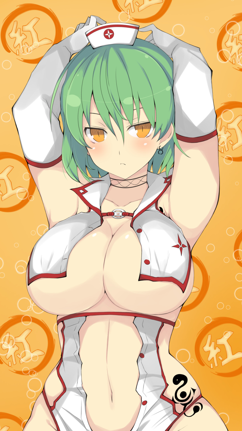 1girl armpits arms_behind_head arms_up breasts choker cleavage closed_mouth collarbone commentary_request earrings elbow_gloves gloves green_hair hat highres hikage_(senran_kagura) jewelry large_breasts looking_at_viewer medium_hair navel nurse_cap orange_background orange_eyes senran_kagura single_earring solo tattoo tenpesuto upper_body white_gloves white_headwear