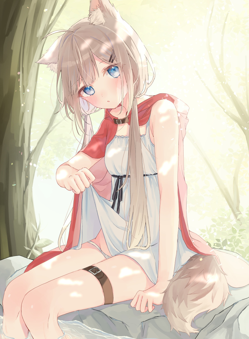 animal_ears dress garter little_red_riding_hood_(character) pantsu riri_(ri0177) skirt_lift summer_dress tail wet