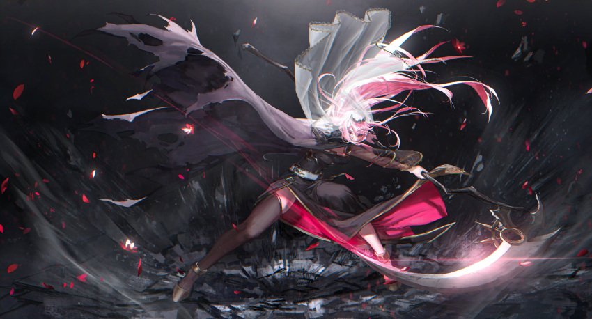 1girl absurdres belt cape commentary cracked_floor detached_sleeves dress highres hololive hololive_english long_dress long_hair mori_calliope petals pink_hair quasarcake scythe see-through_sleeves single_thighhigh symbol_commentary thighhighs veil virtual_youtuber