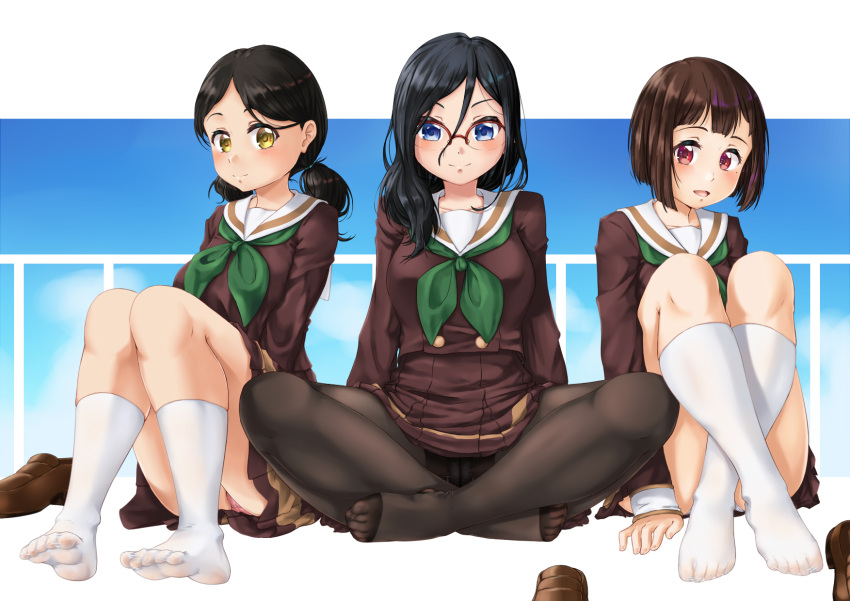 3girls black_hair black_legwear black_panties blue_eyes blush breasts brown_hair cameltoe closed_mouth collarbone eyebrows_visible_through_hair feet glasses hibike!_euphonium highres june_(ne_z_asa) large_breasts looking_at_viewer multiple_girls nakaseko_kaori ogasawara_haruka open_mouth panties panties_under_pantyhose pantyhose pink_panties red_eyes school_uniform shiny shiny_hair short_hair small_breasts smile tanaka_asuka twintails underwear white_panties yellow_eyes