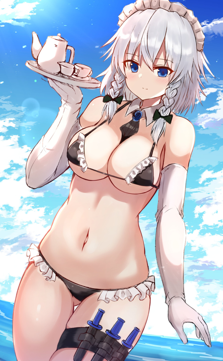 1girl absurdres arm_up ass_visible_through_thighs beach bikini bikini_day black_bikini black_bow blue_eyes blue_sky blush bow braid breasts cloud cloudy_sky cowboy_shot cowgirl_position cup day elbow_gloves eyebrows_visible_through_hair frilled_bikini frills gloves highres holding holding_tray izayoi_sakuya knife large_breasts looking_at_viewer low_braid maid maid_bikini maid_headdress medium_hair micro_bikini navel ocean outdoors silver_hair sky solo straddling swimsuit teacup teapot thigh_strap tksand touhou tray twin_braids white_gloves