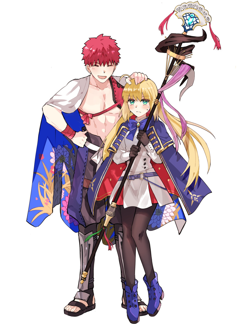 1boy 1girl absurdres ahoge appleale19 artoria_pendragon_(all) artoria_pendragon_(caster)_(fate) bangs belt blonde_hair blush boots cape cloak closed_eyes coat emiya_shirou eyebrows_visible_through_hair fate/grand_order fate_(series) full_body gloves green_eyes hand_on_another's_head hand_on_hip headpat highres holding holding_staff limited/zero_over pantyhose red_hair ribbon sengo_muramasa_(fate) simple_background skirt smile staff sweatdrop white_background white_cape wristband