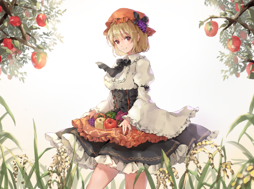 1girl aki_minoriko apple backlighting bangs black_bow black_neckwear black_skirt blonde_hair bloom bow bowtie breasts closed_mouth commentary_request eyebrows_visible_through_hair feet_out_of_frame food frills from_side fruit hat large_breasts legs_apart long_sleeves looking_at_viewer mob_cap orange_headwear petticoat red_eyes shironeko_yuuki short_hair simple_background skirt skirt_basket smile solo standing touhou white_background wide_sleeves