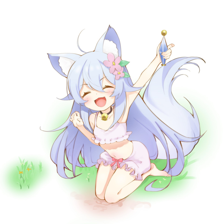 1girl ahoge animal_ear_fluff animal_ears arm_up armpits barefoot bell bloomers bow_bloomers camisole cheat_kushushi_no_slow_life choker closed_eyes crop_top dog_ears dog_girl dog_tail flower full_body hair_flower hair_ornament highres holding jingle_bell long_hair midriff n3moni navel noela_(cheat_kushushi_no_slow_life) open_mouth silver_hair sitting smile solo tail underwear white_bloomers white_camisole