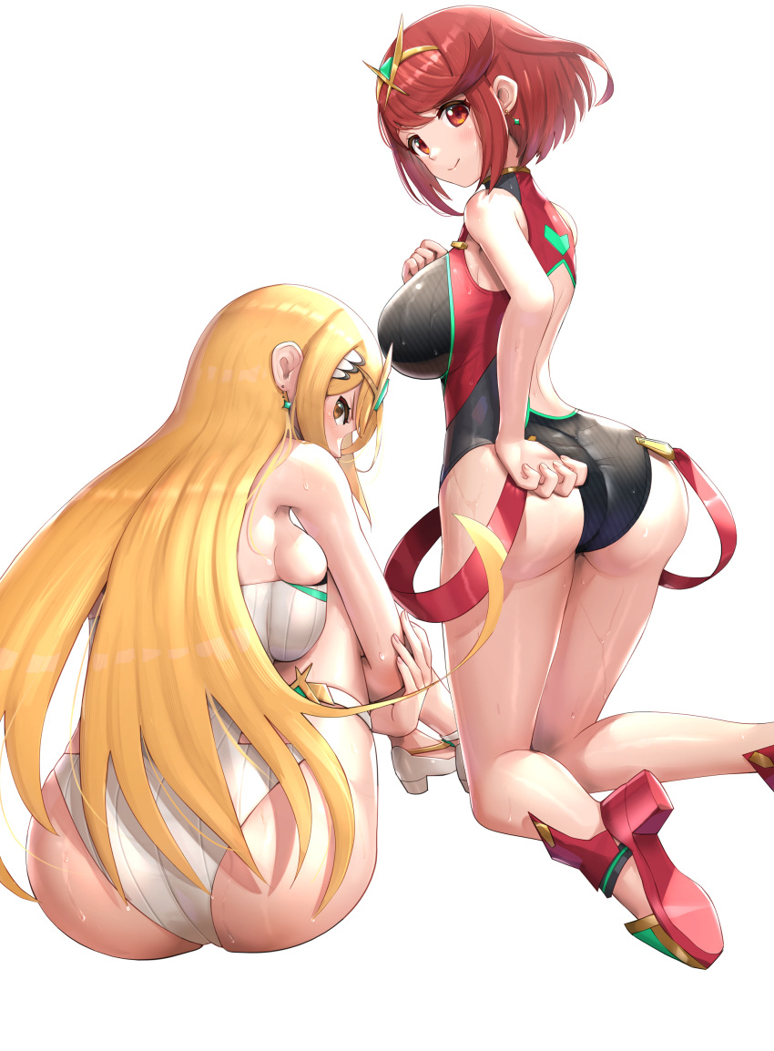 2girls absurdres ass bangs black_swimsuit blonde_hair breasts competition_swimsuit from_behind gem gonzarez headpiece highres large_breasts legs long_hair multiple_girls mythra_(radiant_beach)_(xenoblade) mythra_(xenoblade) one-piece_swimsuit pyra_(pro_swimmer)_(xenoblade) pyra_(xenoblade) red_eyes red_hair red_swimsuit revision ribbed_swimsuit sandals short_hair skindentation strapless strapless_swimsuit striped swept_bangs swimsuit thighs tiara two-tone_swimsuit vertical-striped_swimsuit vertical_stripes very_long_hair white_swimsuit xenoblade_chronicles_(series) xenoblade_chronicles_2 yellow_eyes