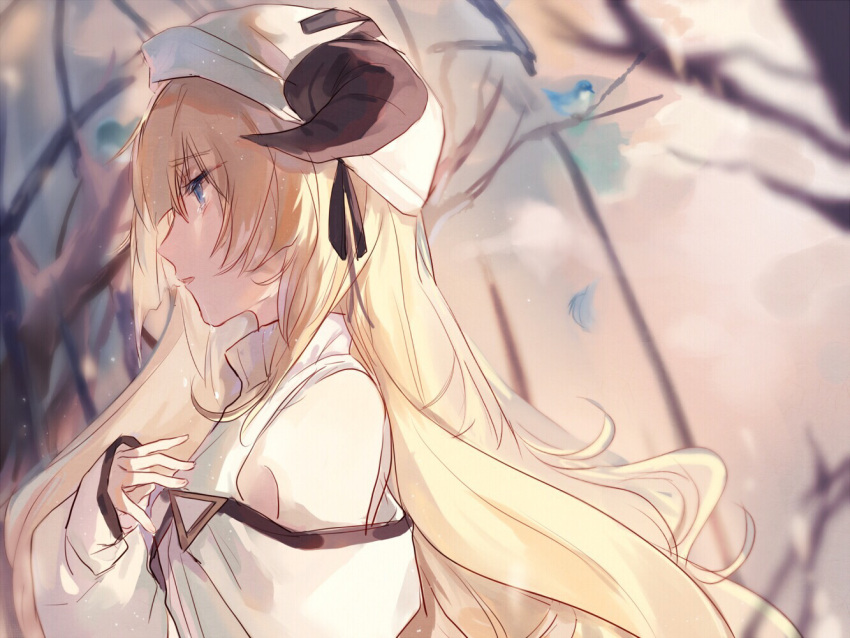 1girl apple_da-ze arknights bangs bare_shoulders beret blonde_hair blue_eyes dress eyebrows_visible_through_hair facing_to_the_side from_side hand_up hat horns long_hair looking_afar nightingale_(arknights) off-shoulder_dress off_shoulder outdoors parted_lips simple_background solo tree upper_body white_dress white_headwear