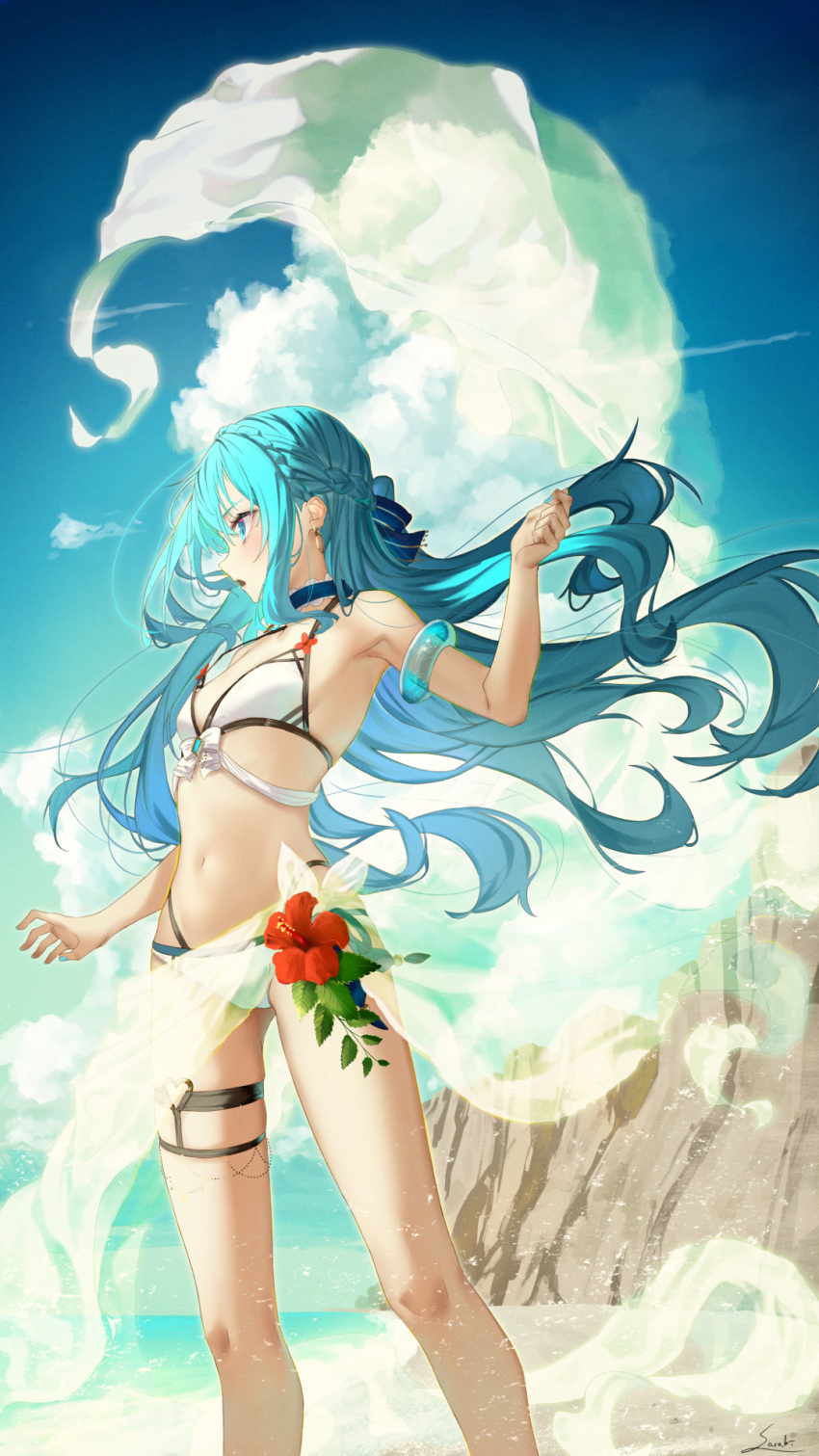 1girl bangs bare_legs beach bikini blue_choker blue_eyes blue_hair blue_nails blue_ribbon braid breasts choker cliff cloud cloudy_sky commentary_request day earrings feet_out_of_frame floating_hair flower hair_between_eyes hair_ribbon halter_top halterneck hand_up hibiscus highres inflatable_armbands jewelry long_hair looking_away nail_polish navel open_mouth original outdoors profile red_flower ribbon saraki sarong see-through signature sky small_breasts solo standing stomach swimsuit thigh_strap very_long_hair white_bikini